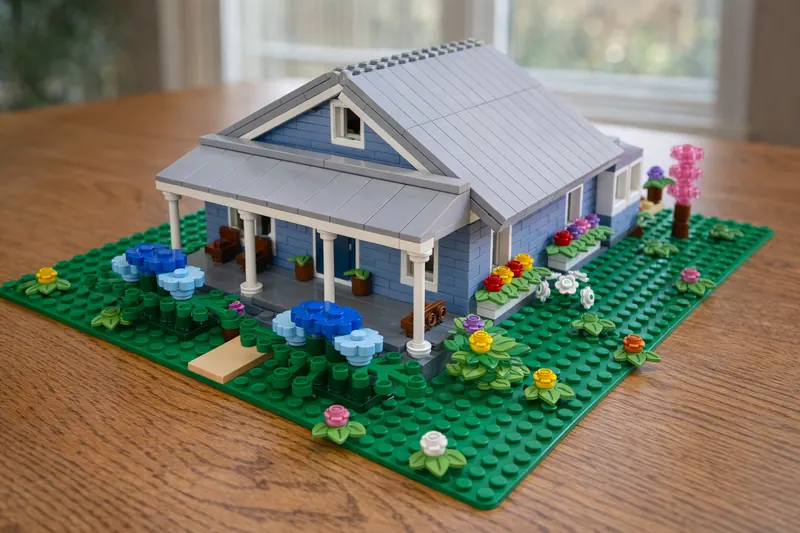 A rendered brick model of a blue bungalow with a front porch and a garden of hydrangeas, on a wooden table